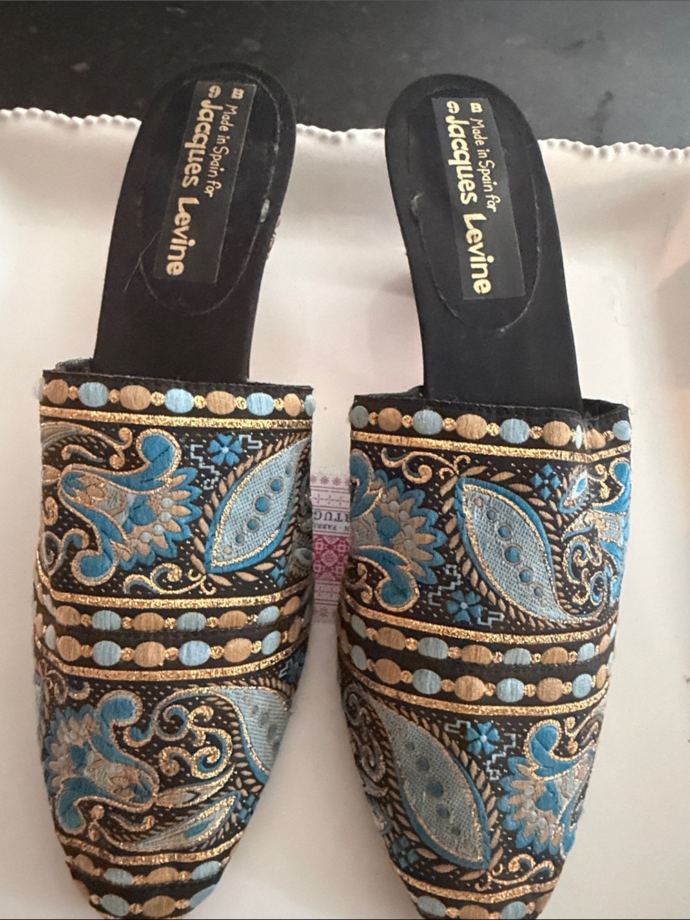 Jacques Levine Women’s Embroidered Slip-On Mules in Black and Blue